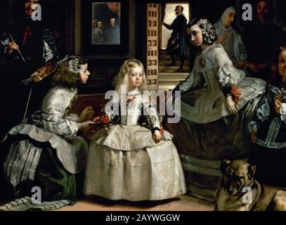 Las Meninas (Dames En Attente), 1656. Peinture De Diego Velazquez. Huile sur toile, 318 cm x 276 cm. Détails. Musée Du Prado. Madrid, Espagne. Banque D'Images