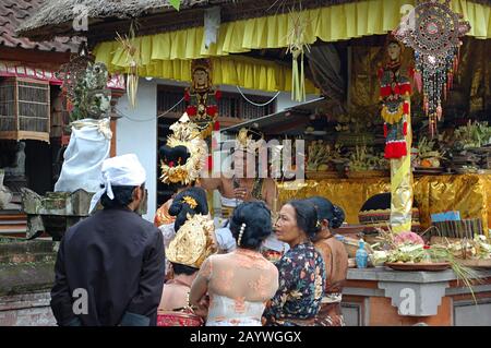 Un prêtre hindou balinais donne la bénédiction à une mariée lors d'une cérémonie de mariage balinaise traditionnelle. Banque D'Images