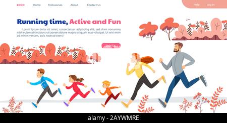 Page Web avec marathon ou jogging en famille. Mode de vie actif, nutrition saine et sports. Modèle de conception de page d'accueil créatif, bannière Web Illustration de Vecteur