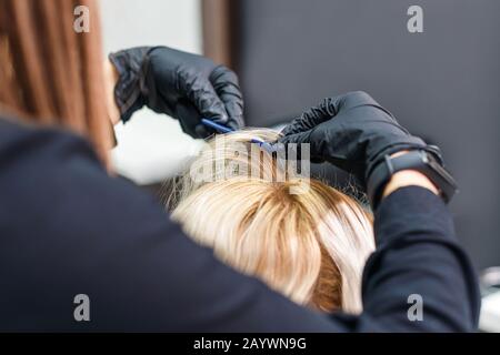 Coiffeur coloriant les cheveux de la femme dans le salon, gros plan. Banque D'Images
