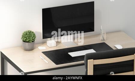 Tapis de bureau noir vierge avec maquette de souris et de clavier Banque D'Images