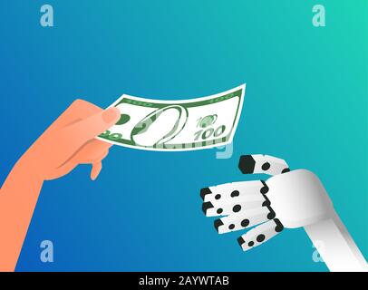 La main humaine donne 100 dollars de facture au robot. Isolé sur fond de gradient bleu. Illustration vectorielle Illustration de Vecteur