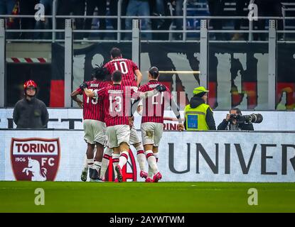 Ante rebic de ac milan célèbre l'objectif pendant le match de coppa Italie 2019/20 entre ac milan vs juventus au stade san siro , milan , italie Banque D'Images