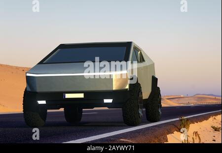 Tesla Cybertruck sur une route de désert d'asphalte.Szczecin, Pologne-janvier 2020 Banque D'Images