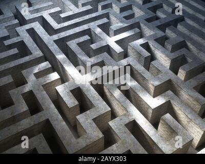 Labyrinthe en pierre sombre avec une lumière spectaculaire. Motif de labyrinthe. Rendu 3D Banque D'Images