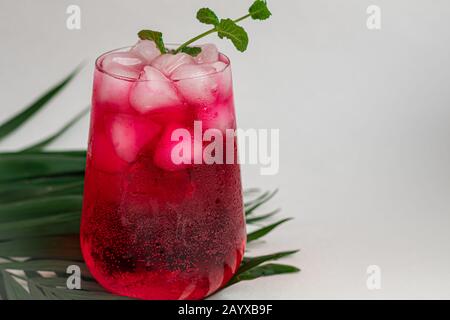 Boisson aux framboises et aux baies dans un verre transparent avec de la glace. Ajout de branches de palmiers et de framboises. Fond blanc. Espace de copie Banque D'Images