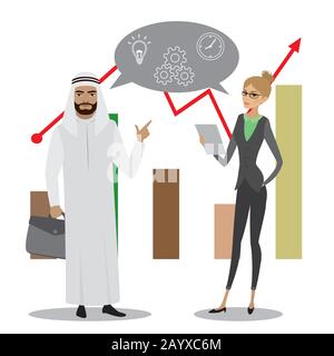 Business process.Homme D'Affaires et femme d'affaires différentes nations discutant de l'analyse de marché sur le contexte financier graph.cartoon vecteur illustrati Illustration de Vecteur