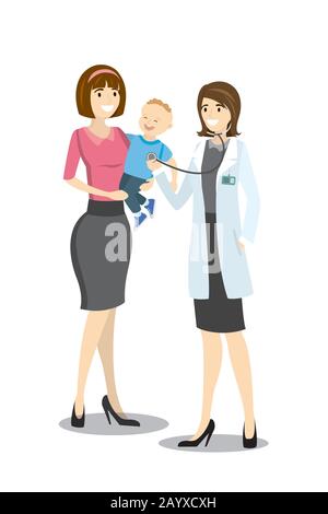 Une femme de race caucasienne à l'écoute de la poitrine d'un patient de gamin avec stéthoscope. Mère tient son fils dans ses bras, illustration vectorielle de dessin animé Illustration de Vecteur