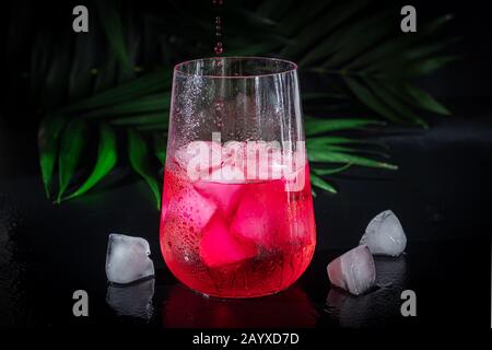 Boisson aux framboises et aux baies dans un verre transparent avec de la glace. La boisson est versée dans un verre. Ajout de branches de palmiers et de framboises. Fond noir. Cop Banque D'Images