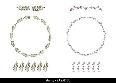 Deux cadres de cercles fleuris et séparateur de fleurs, isolés sur fond blanc, illustration vectorielle. Illustration de Vecteur