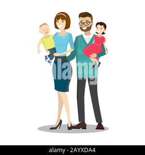 Famille caucasienne heureuse.les adultes souriants tiennent et tiennent les enfants dans leurs bras, isolés sur fond blanc, illustration vectorielle de dessin animé Illustration de Vecteur