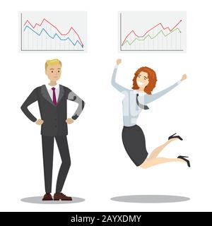 Triste homme d'affaires debout et sautant heureuse femme d'affaires, Croissance et chute des graphiques, dessin vectoriel de dessin animé Illustration de Vecteur