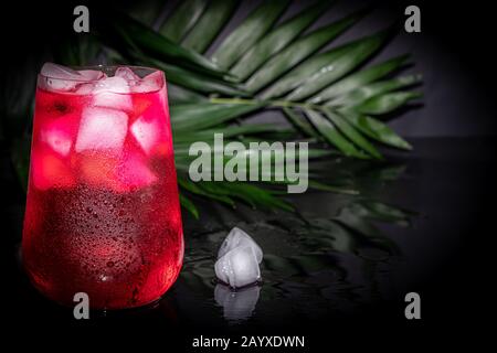 Boisson aux framboises et aux baies dans un verre transparent avec de la glace. La boisson est versée dans un verre. Ajout de branches de palmiers et de framboises. Fond noir. Cop Banque D'Images