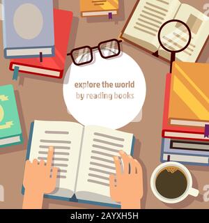 Lecture de livres concept vectoriel. Livre pour l'éducation et l'illustration lieu de travail avec des livres et du café Illustration de Vecteur