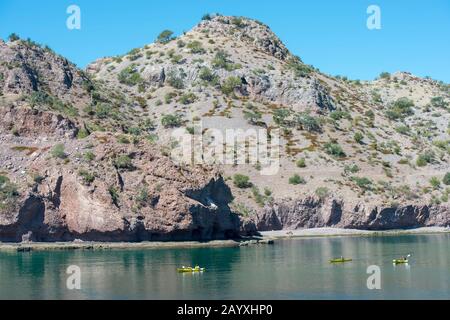 Les touristes kayak le long de la côte à la baie d'Aqua Verde, un petit village de pêcheurs près de Loreto, mer de Cortez en Basse-Californie, Mexique. Banque D'Images