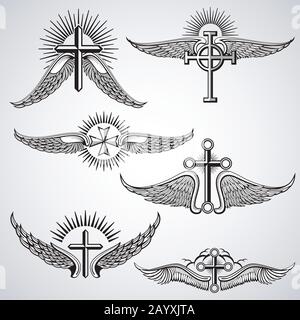 Vintage croix et ailes tatouage éléments vectoriels. Tatouage vintage avec aile, tatouage d'illustration avec croix Illustration de Vecteur