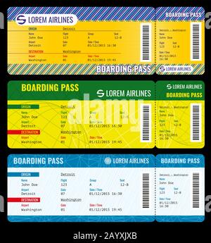 Carte d'embarquement pour compagnies aériennes billets modernes maquette vectorielle. Modèle de billet pour l'avion charter, illustration du voyage de billet d'embarquement Illustration de Vecteur
