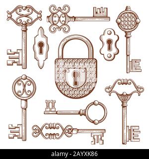 Touches, cadenas et cadenas anciens tracés à la main. Keyhole et secret, divers éléments classiques, illustration vectorielle Illustration de Vecteur