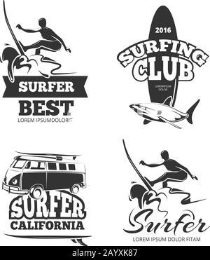 Motifs, emblèmes et étiquettes de surf noir vintage. Logo surf estival et planche de surf et badge de surfeur, Californie vacances de surf. Jeu d'illustrations vectorielles Illustration de Vecteur