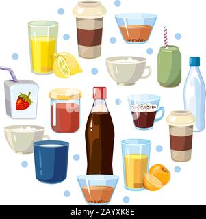 Concept vectoriel de boissons sans alcool en forme de cercle. Boissons sans alcool et composition d'illustration avec soda en bouteille et limonade savoureuse Illustration de Vecteur