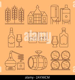 Des icônes vectorielles de ligne de whisky sont définies. Le processus de whisky et l'industrie présentent des symboles. Illustration vectorielle Illustration de Vecteur