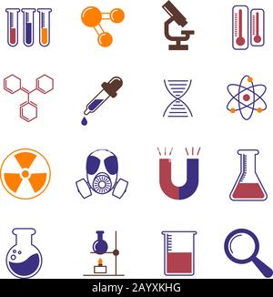 Chimie des couleurs, recherche et science icônes vectorielles. Instruments de laboratoire de chimie et symboles d'expériences scientifiques Illustration de Vecteur