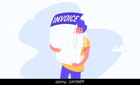 Un jeune homme contrarié qui embrasse une grosse facture. Concept moderne plat illustration vectorielle de la charge de recevoir des factures énormes. Un design décontracté pour les personnes qui en ont besoin Illustration de Vecteur