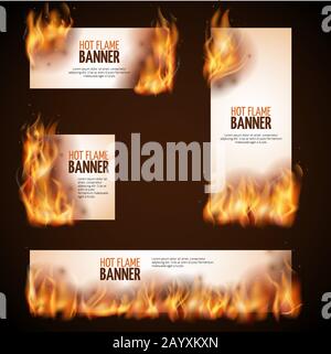 Feu de camp brûlant avec des bannières vectorielles à flamme chaude. Papier publicité brûlant, feu chaud illustration de publicité Illustration de Vecteur