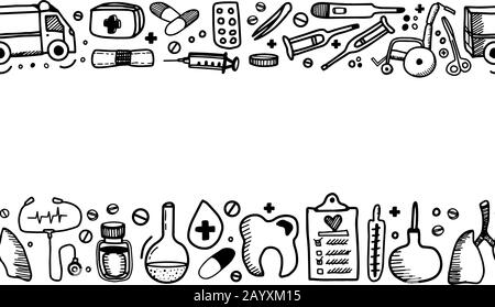 Modèle horizontal, bordure en ruban transparente avec équipement médical dans un style de gribouille isolé sur fond blanc.illustration du contour vectoriel. Illustration de Vecteur