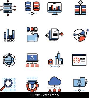 Technologie de Cloud computing de sécurité Web icônes de ligne d'analyse de Big Data avec éléments plats. Base de données et code d'analyse de la structure, illustration vectorielle Illustration de Vecteur