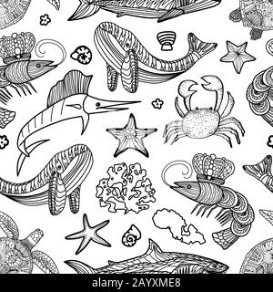 Modèle sans coutures avec des animaux marins et des algues dans un style caniche isolé sur fond blanc. Illustration du contour vectoriel. Illustration de Vecteur