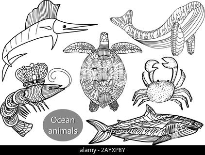 Ensemble avec des animaux de l'océan dans le style des gribouillis isolé sur fond blanc. Illustration vectorielle.poisson Marlin,tortue, crevette,requin,baleine,crabe. Illustration de Vecteur