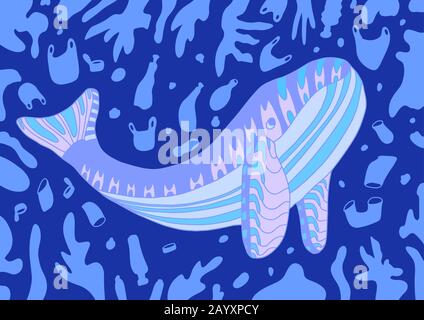 Une baleine nage en plastique. Illustration du stock vectoriel plat.ordures dans l'océan.sauver la planète et les animaux. Bannière concept de mot de pollution plastique. Illustration de Vecteur
