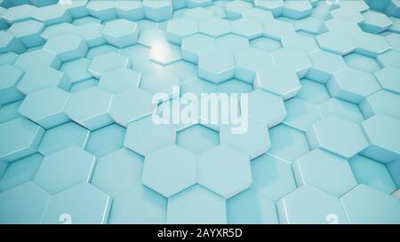 Rendu tridimensionnel de surfaces géométriques hexagonales abstraites dans l'espace virtuel. Formes géométriques placées de manière aléatoire. Paroi polyédrique des hexagones Banque D'Images