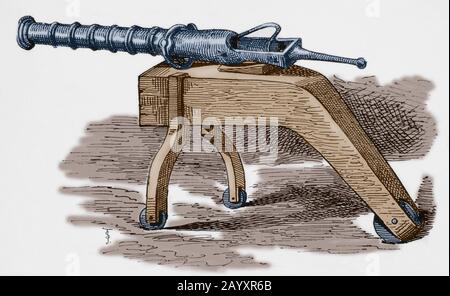 Falconet ou falcon. Canon léger développé à la fin du XVe siècle. Gravure. Museo Militar, 1883. Coloration ultérieure. Banque D'Images
