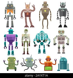 Mignons personnages et icônes de robot vectoriel vintage. Set de jouets robot et machine de technologie robot artificiel illustration Illustration de Vecteur