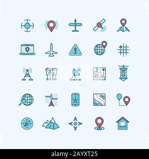 Cartes et icônes vectorielles plates de position. Navigation globale avec le téléphone gadget, la boussole et l'emplacement de recherche sur l'illustration de l'ordinateur portable Illustration de Vecteur