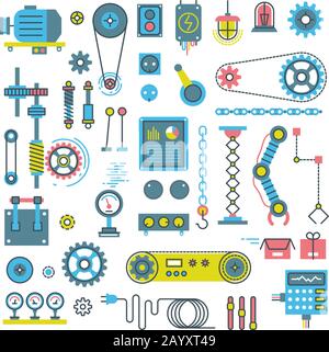 Parties vectorielles des icônes plates du mécanisme et des robots. Illustration de la partie mécanique et de l'engrenage des pièces de la machine d'équipement Illustration de Vecteur