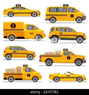 Différents types de taxi collection de vecteur plat. Taxi automobile pour passagers, ramassage de taxi d'illustration pour les colis de transport Illustration de Vecteur