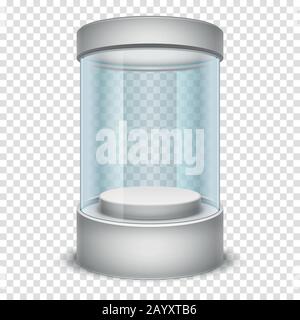 Vitrine de bouteilles de verre vide, boîte d'affichage sous forme de cylindre avec verre transparent. Maquette en verre pour boutique moderne, illustration vectorielle Illustration de Vecteur