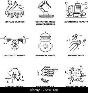 Les technologies futures et l'intelligence artificielle du robot présentent des icônes vectorielles. Machine future de style linéaire, illustration de la nouvelle machine-robot Illustration de Vecteur