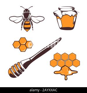 Apiculteur, abeille, miel vecteur éléments de conception isolés sur blanc. Illustration naturelle en nid d'abeilles Illustration de Vecteur