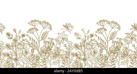 Bordure fleurie vectorielle sans couture avec herbes noires blanches dessinées à la main et fleurs sauvages. Motif infini avec fleurs fleuries. Bordure fleurie sans couture avec illustration des fleurs Illustration de Vecteur