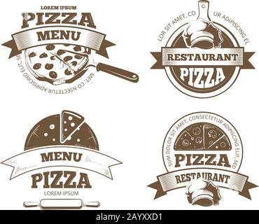 Etiquettes vectorielles pour pizzeria rétro, logos, badges, emblèmes avec icônes de pizza. Logo pizzeria restaurant et emblème vintage pour l'illustration de la pizzeria Illustration de Vecteur