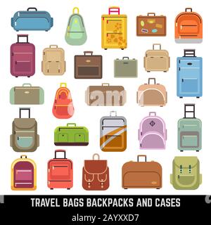 Sacs de voyage sacs à dos et étuis couleurs vectorielles icônes. Sac et étui pour le voyage, ensemble de bagages et sacs ICON. Illustration vectorielle Illustration de Vecteur