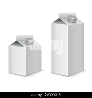 Papier lait et jus de fruits produit Tetra boîte conteneurs vecteur maquettes définies. Papier d'emballage pour boissons, modèle pour illustration de lait ou de jus Illustration de Vecteur