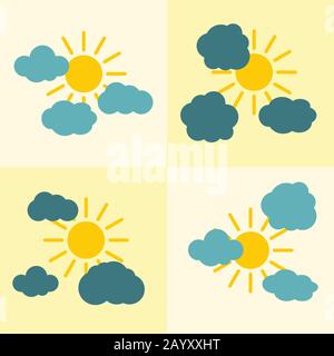 Nuages icônes plates sur fond jaune avec soleil. Icône météo avec soleil jaune. Illustration vectorielle Illustration de Vecteur