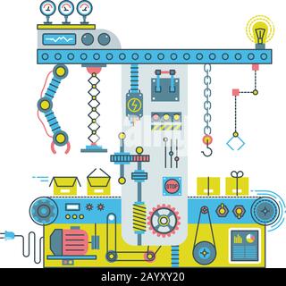 Système robotisé de convoyeur avec manipulateurs. Concept plat de vecteur de processus de technologie. Procédé de fabrication sur le convoyeur, illustration du système de convoyeur d'usine Illustration de Vecteur