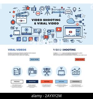 Marketing vidéo viral, réalisation de films cinématographiques, conception de sites Web vectoriels de production TV professionnelle. Création et promotion de la technologie vidéo. Concept Internet vidéo multimédia illustration d'affaires Illustration de Vecteur