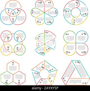 Cercle vectoriel, triangulaire, hexagonale, pentagonale graphiques commerciaux diagrammes graphiques graphiques définis avec 3, 4, 5, 6 options, pièces, étapes. Infographie linéaire d'illustration pour les entreprises Illustration de Vecteur